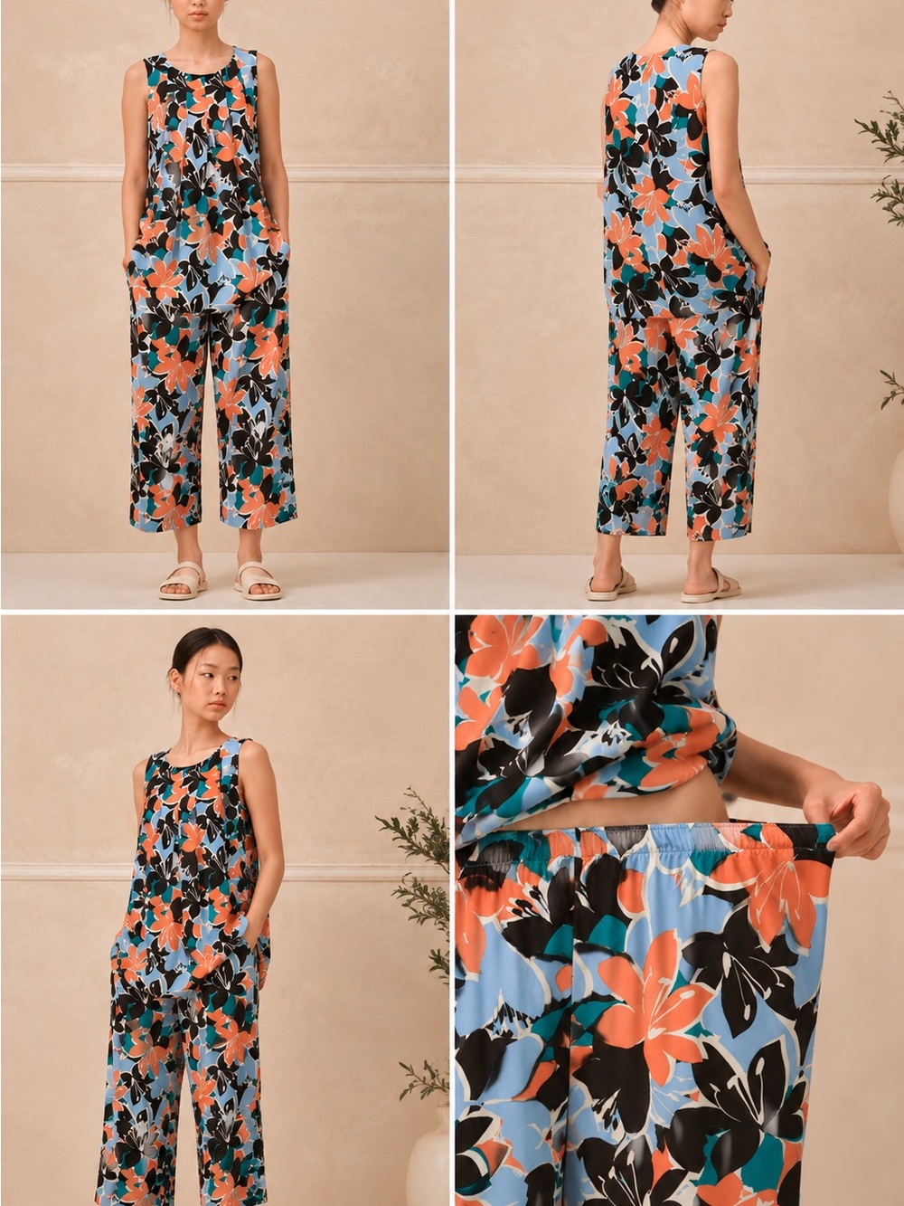 L’AFFAIR Women’s 2 Piece Floral Tropical Print Rayon Set Sleeveless Cropped